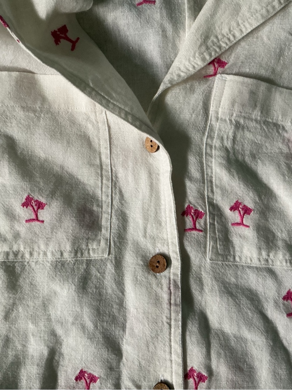Embroidered Palm Tree Button-Front Shirt - White with Pink Palms - Picture 4 of 4